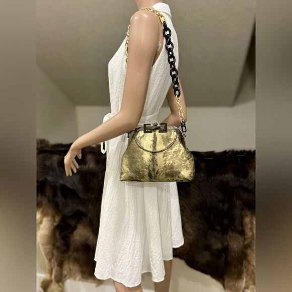 Handmade Gold Metallic Natural Hair-On Calfskin Top Handle Bag/Multi Way Use - Picture 4 of 16